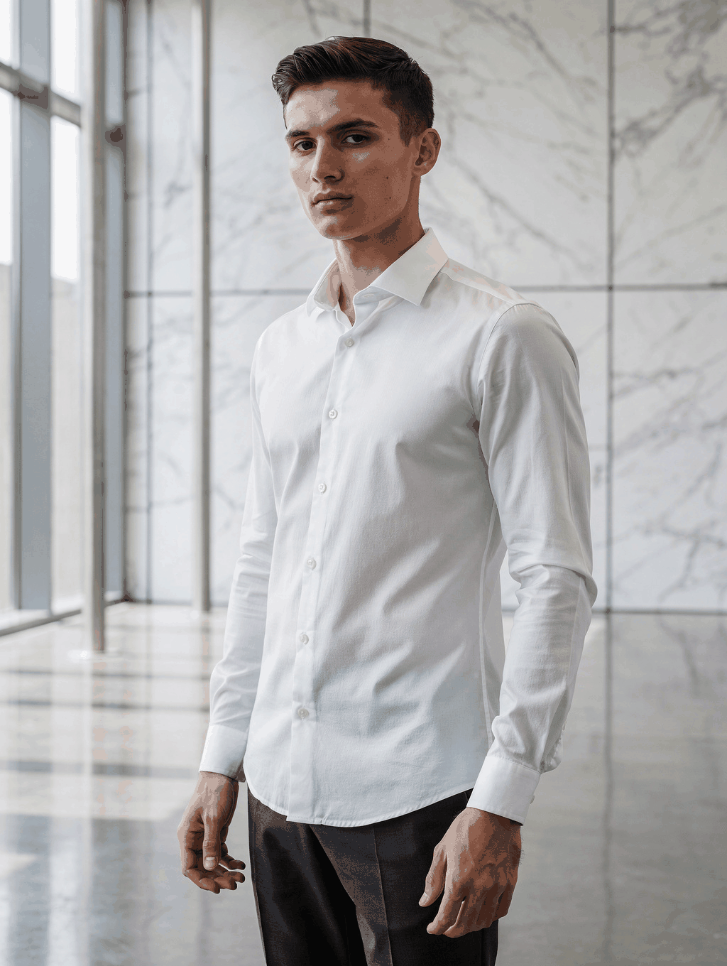 Editorial portrait of model in crisp cotton poplin shirt