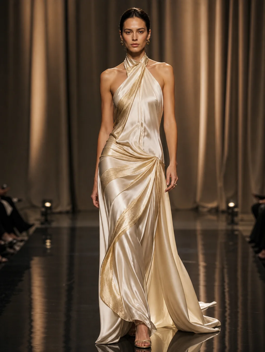 Model wearing a flowing silk gown on a sunlit runway
